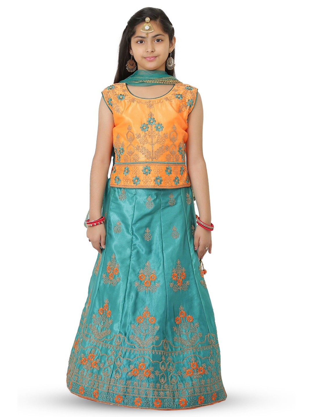 

SmartRAHO Girls Embroidered Thread Work Ready to Wear Lehenga & Blouse With Dupatta, Yellow