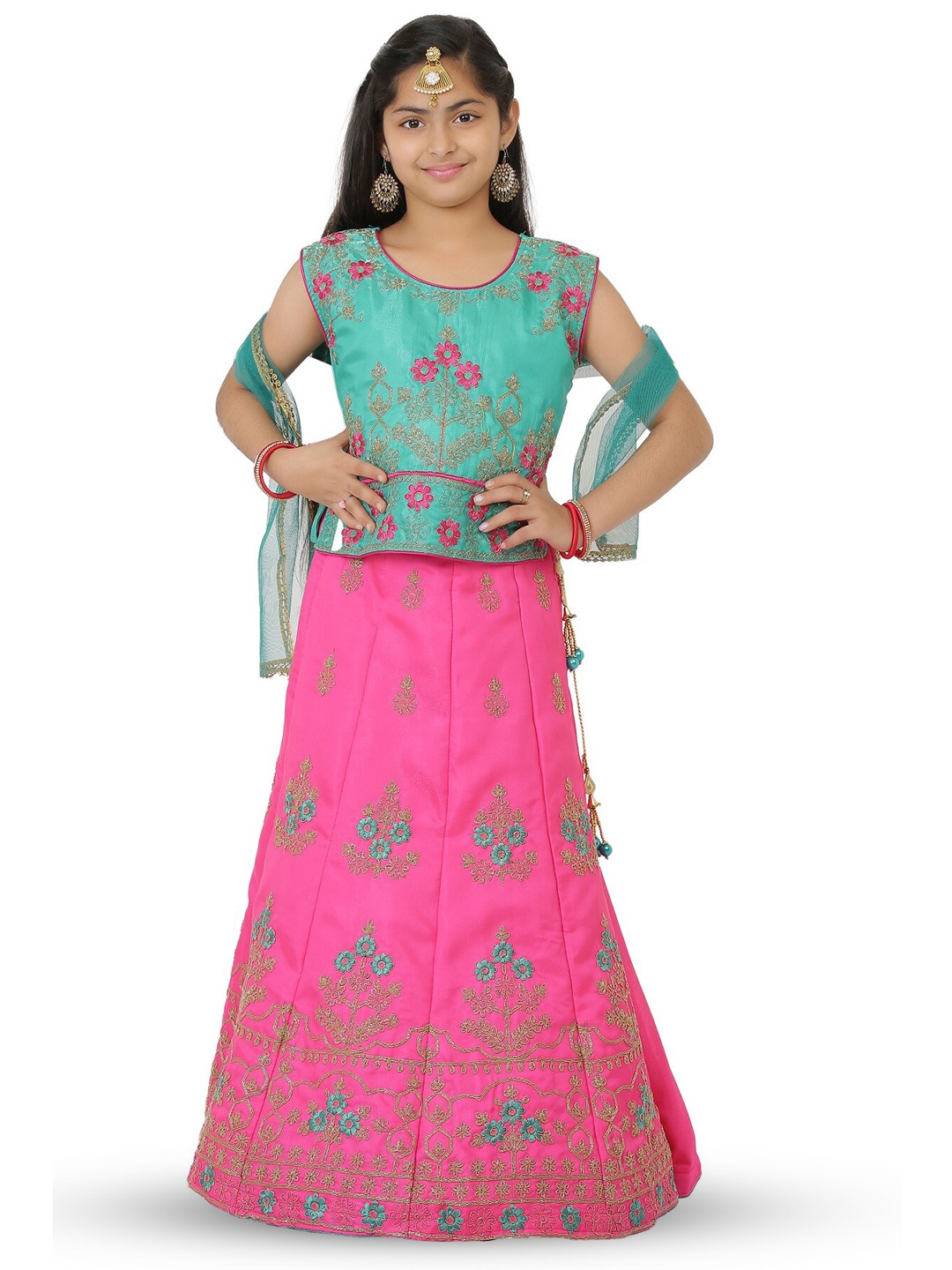 

SmartRAHO Girls Embroidered Thread Work Ready to Wear Lehenga & Blouse With Dupatta, Pink