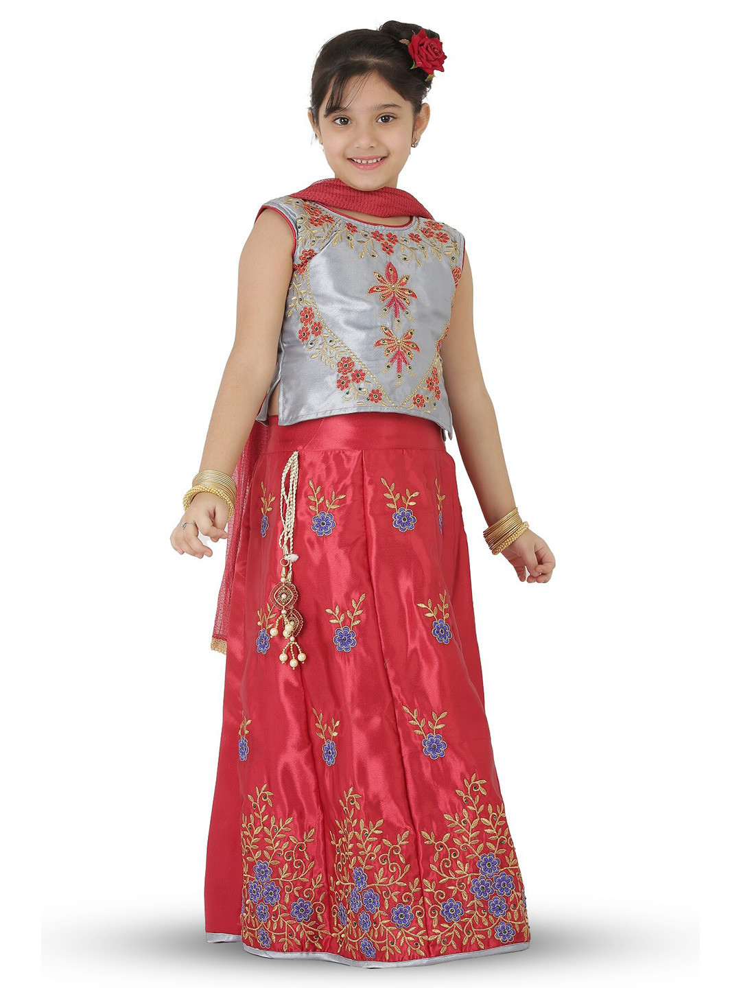 

SmartRAHO Girls Embroidered Thread Work Ready to Wear Lehenga & Blouse With Dupatta, Grey