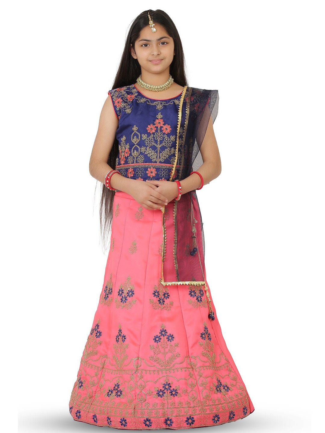 

SmartRAHO Girls Embroidered Thread Work Ready to Wear Lehenga & Blouse With Dupatta, Blue