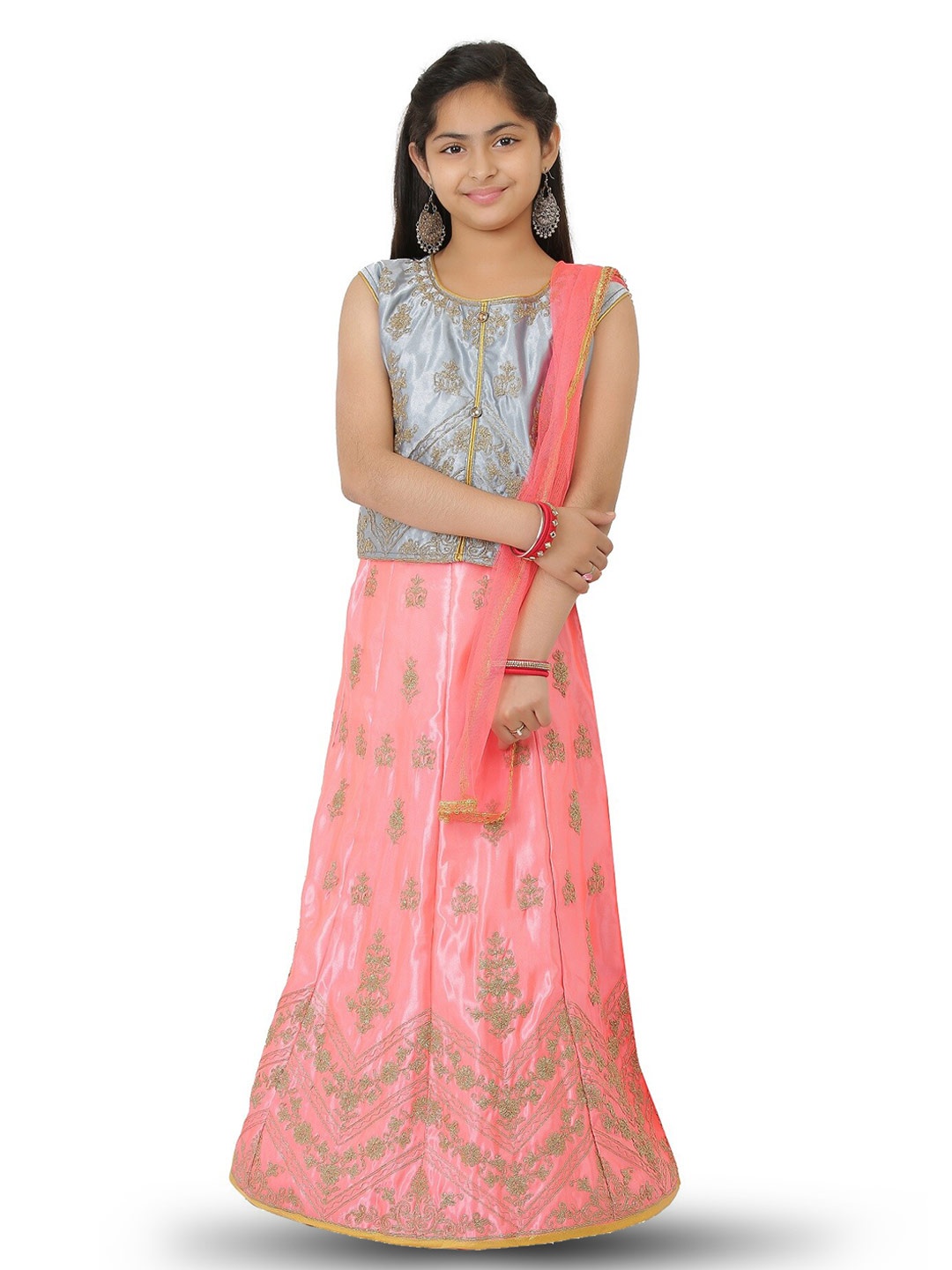 

SmartRAHO Girls Embroidered Thread Work Ready to Wear Lehenga & Blouse With Dupatta, Silver