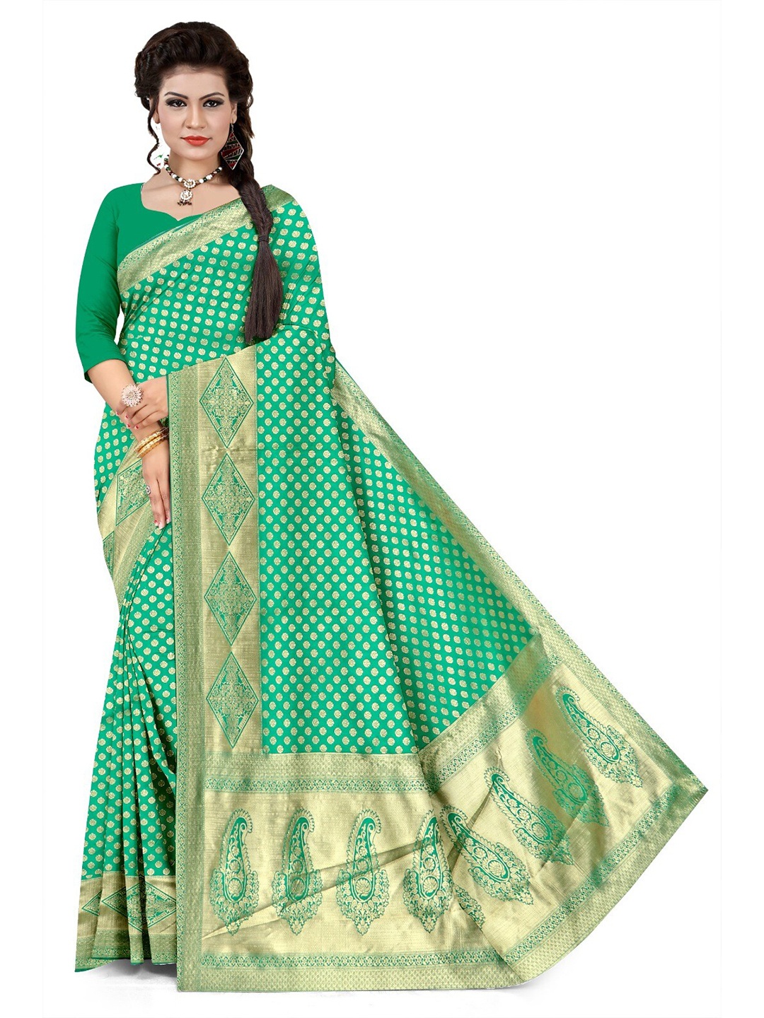 

APNISHA Ethnic Motifs Woven Design Zari Pure Silk Saree, Green