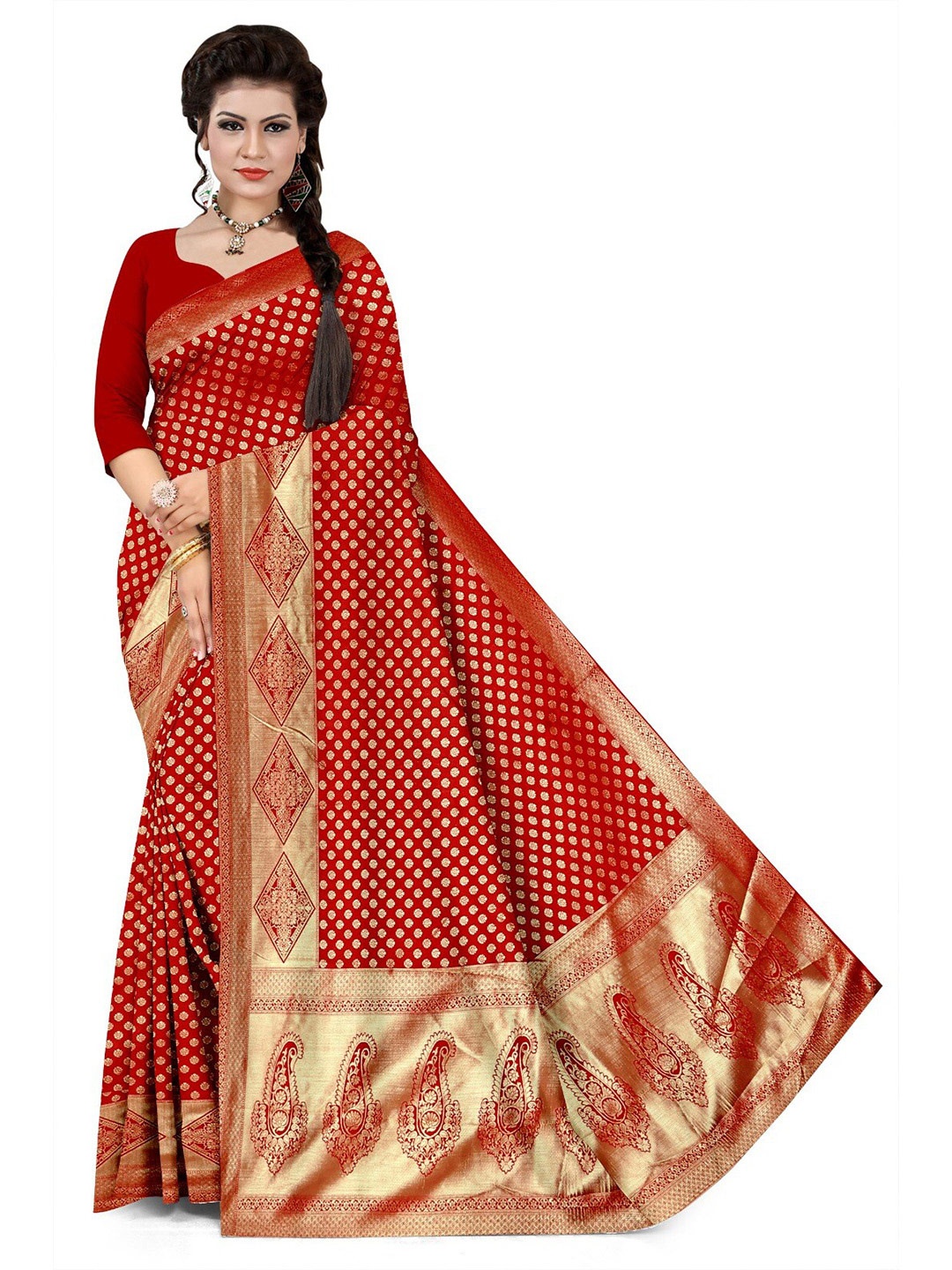 

APNISHA Ethnic Motifs Woven Design Zari Pure Silk Saree, Red