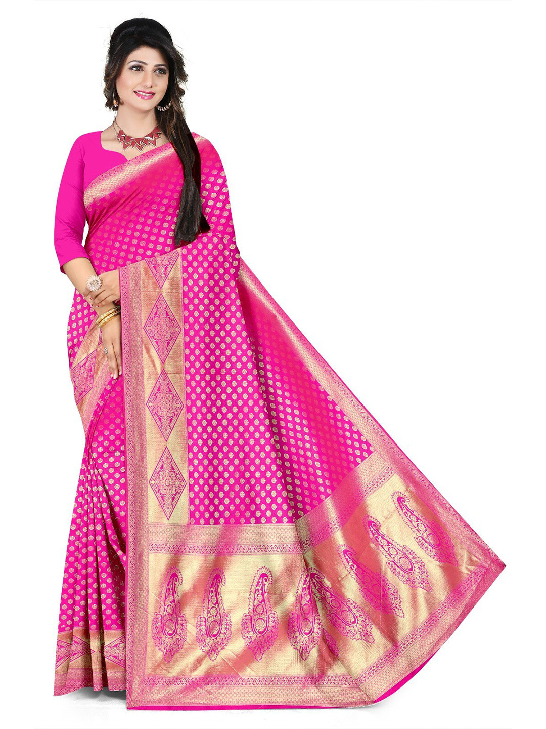 

APNISHA Ethnic Motifs Woven Design Zari Pure Silk Saree, Pink