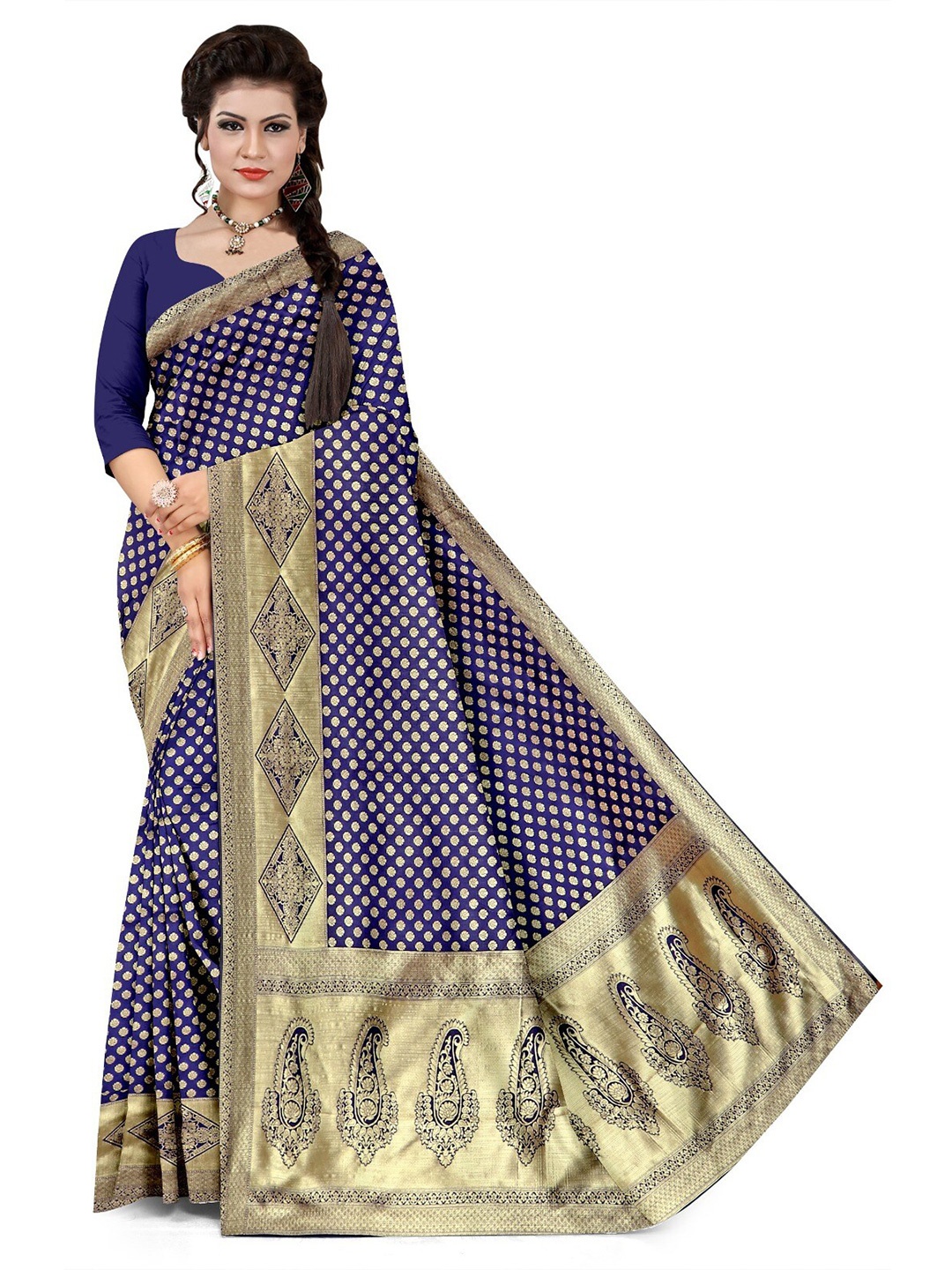 

APNISHA Ethnic Motifs Woven Design Zari Pure Silk Saree, Navy blue