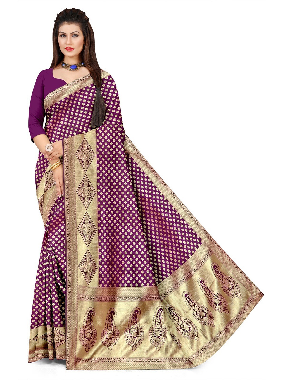 

APNISHA Ethnic Motifs Woven Design Zari Pure Silk Saree, Purple