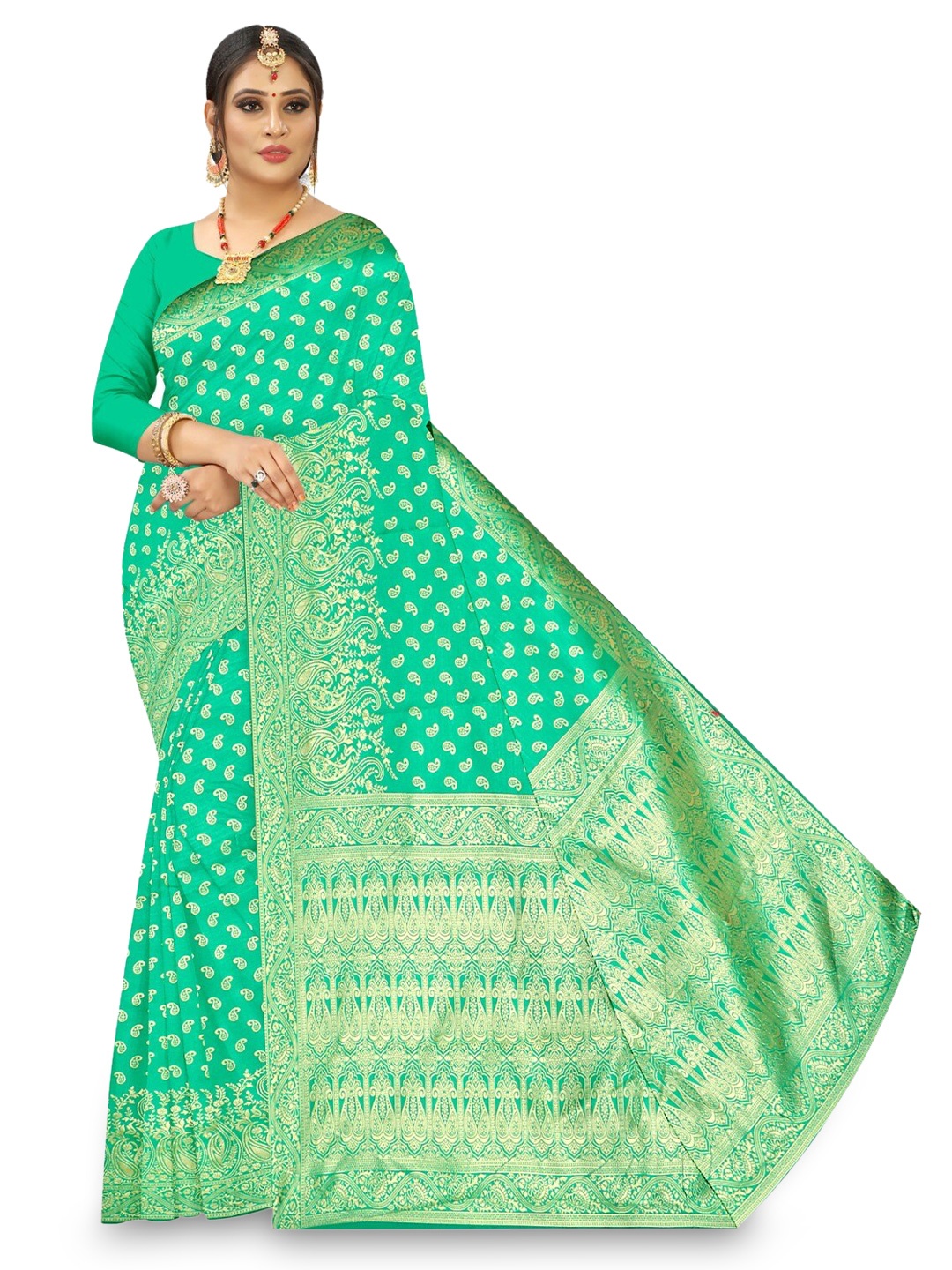 

APNISHA Ethnic Motifs Woven Design Zari Pure Silk Saree, Green