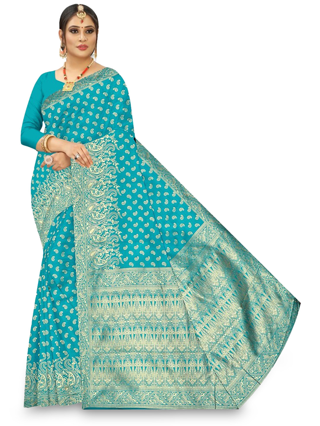 

APNISHA Ethnic Motifs Woven Design Zari Pure Silk Saree, Blue