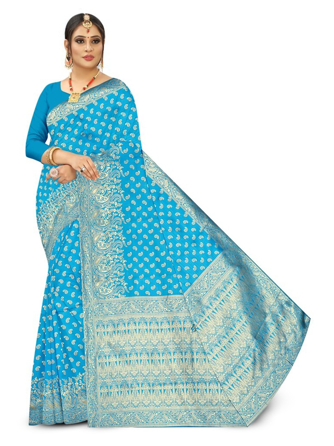 

APNISHA Ethnic Motifs Woven Design Zari Pure Silk Saree, Turquoise blue