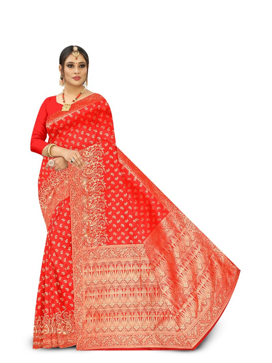 

APNISHA Ethnic Motifs Woven Design Zari Pure Silk Saree, Red
