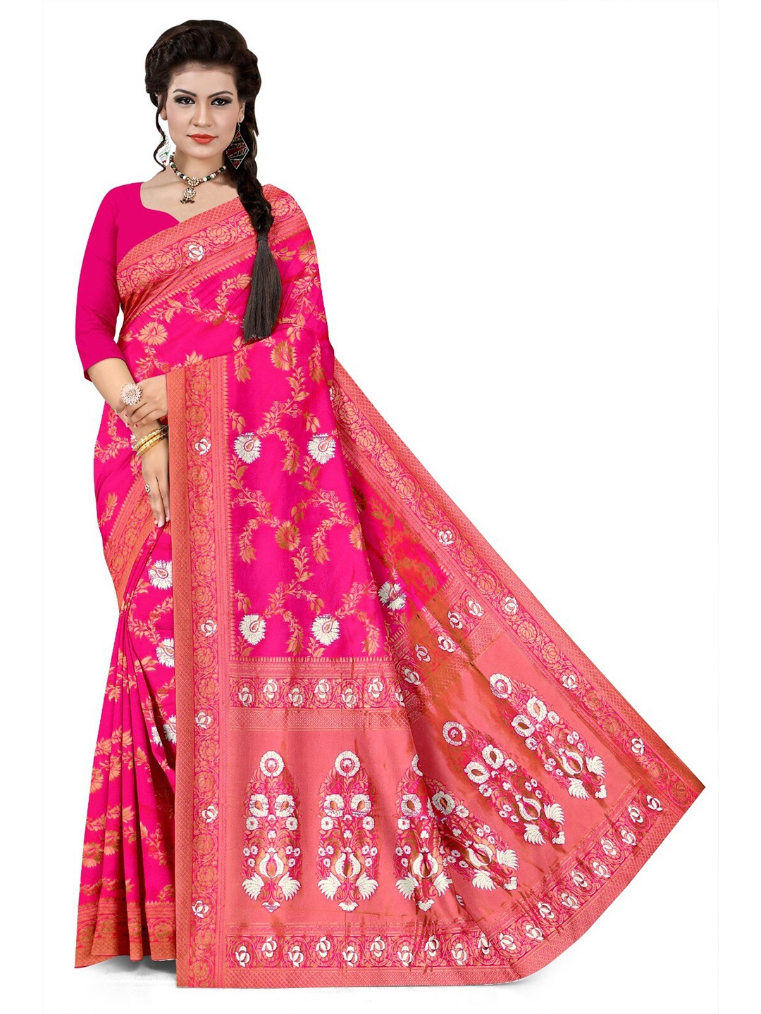 

APNISHA Ethnic Motifs Woven Design Zari Pure Silk Saree, Pink