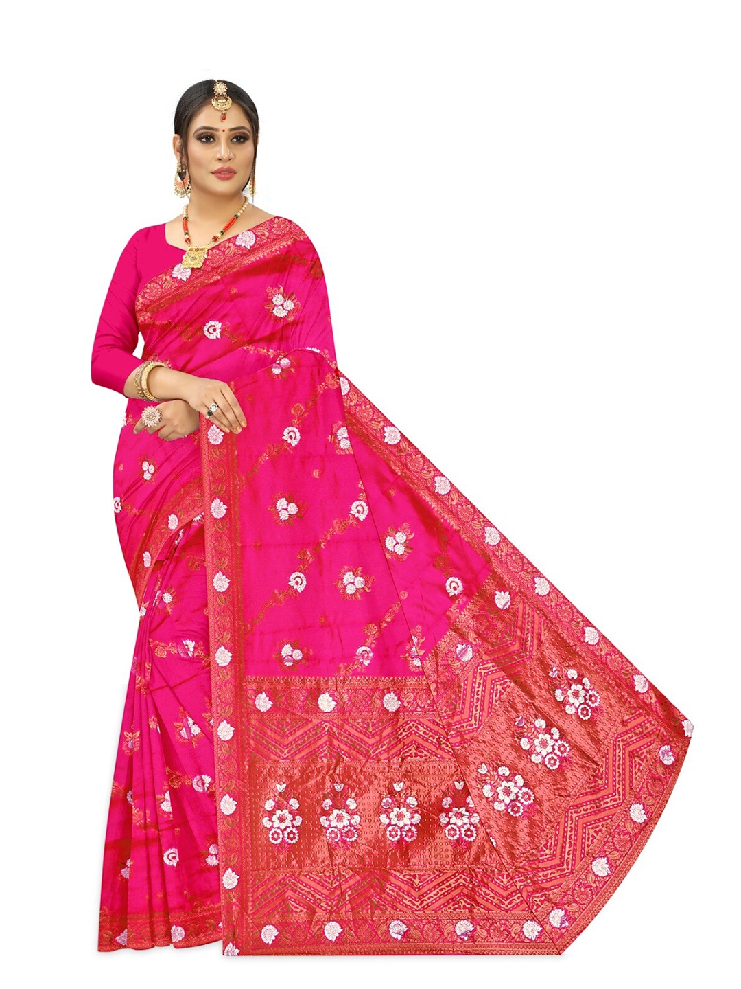 

APNISHA Ethnic Motifs Woven Design Zari Pure Silk Saree, Pink