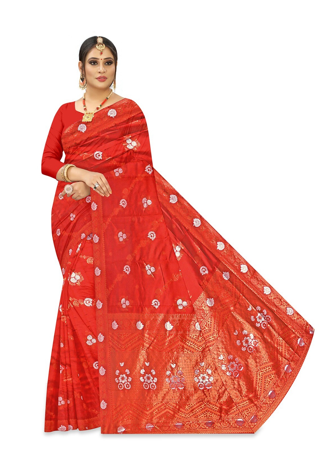 

APNISHA Ethnic Motifs Woven Design Zari Pure Silk Saree, Red