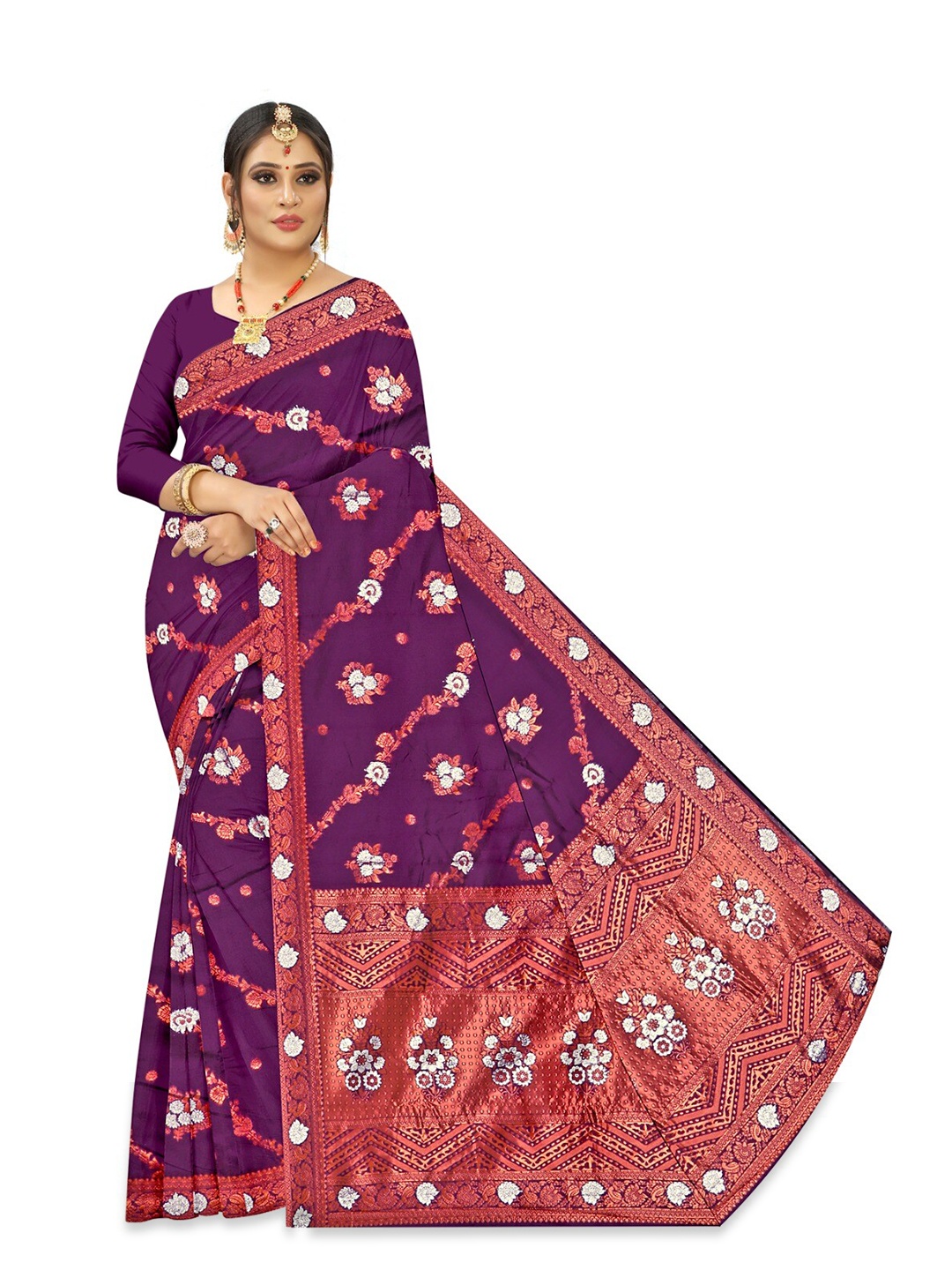 

APNISHA Ethnic Motifs Woven Design Zari Pure Silk Saree, Purple