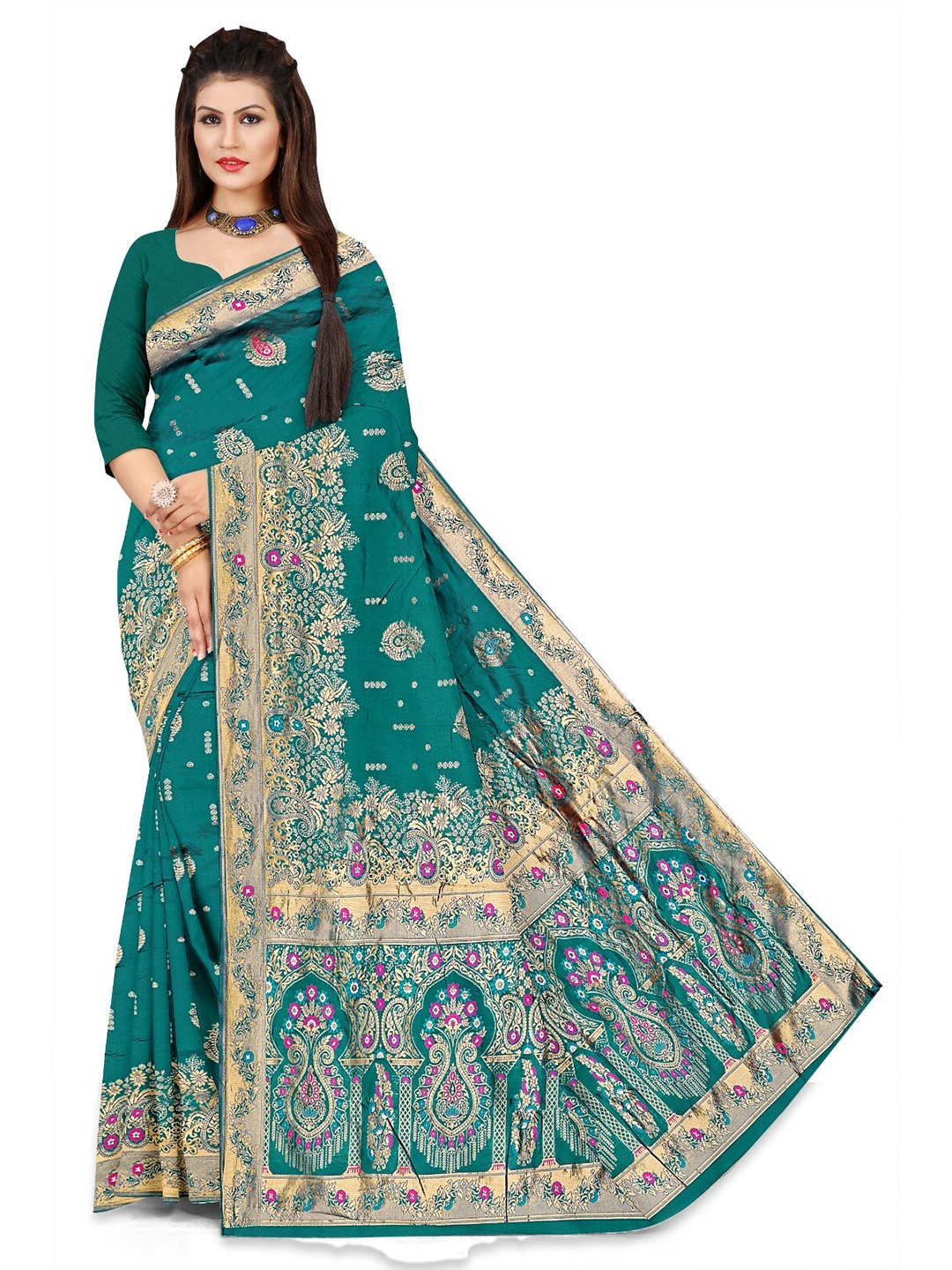 

APNISHA Ethnic Motifs Woven Design Zari Pure Silk Saree, Green