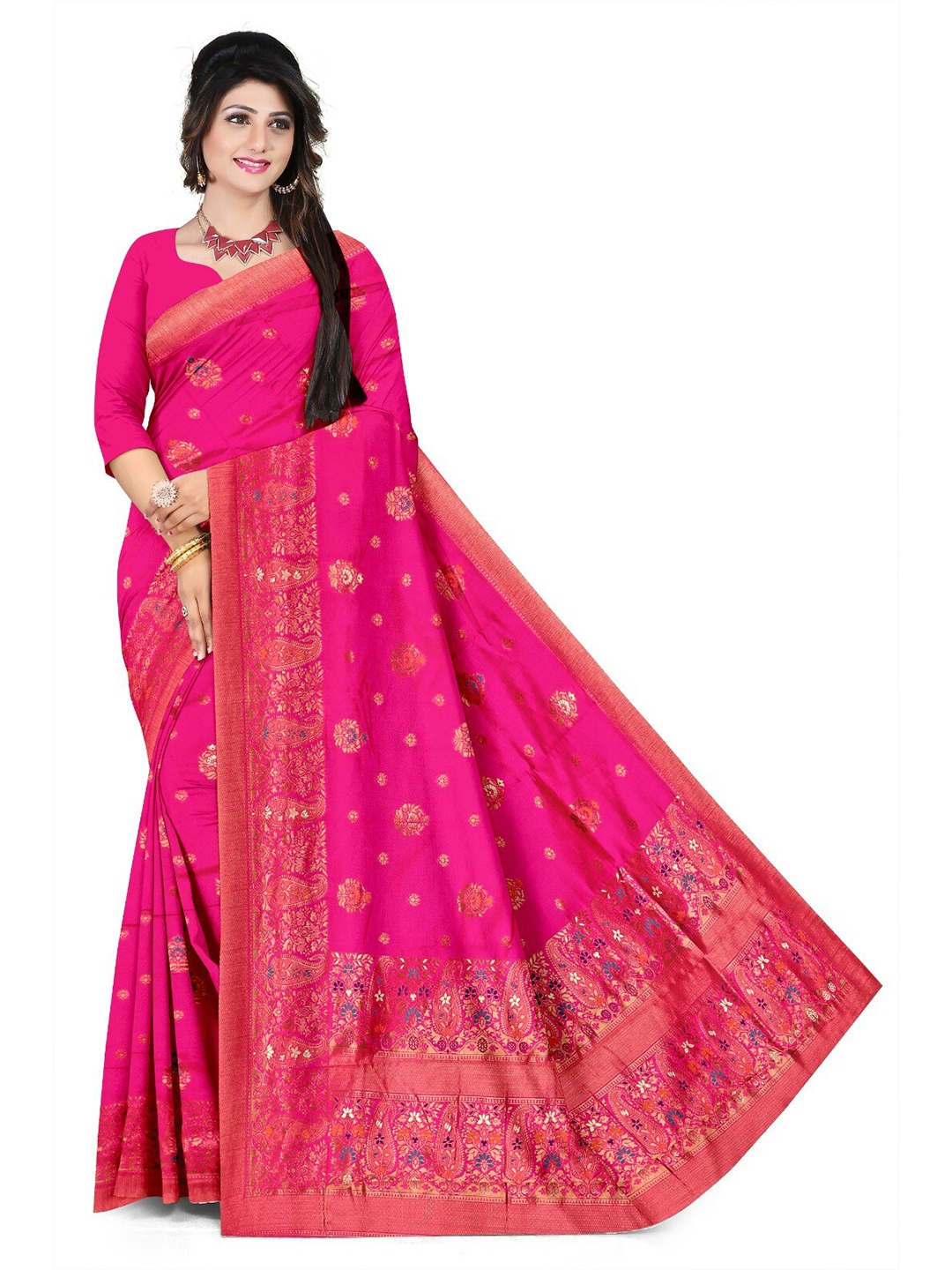 

APNISHA Ethnic Motifs Woven Design Zari Pure Silk Saree, Pink