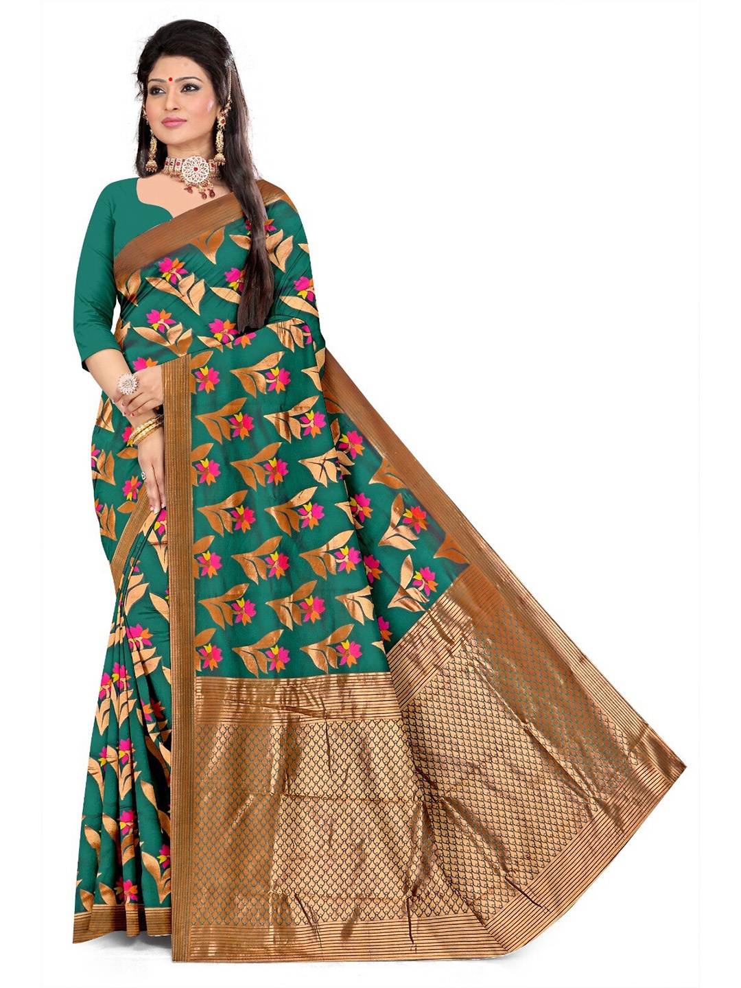 

APNISHA Floral Woven Design Zari Pure Silk Saree, Green