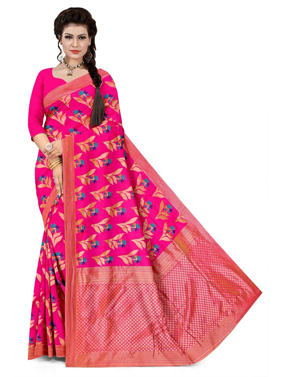 

APNISHA Floral Woven Design Zari Pure Silk Saree, Pink