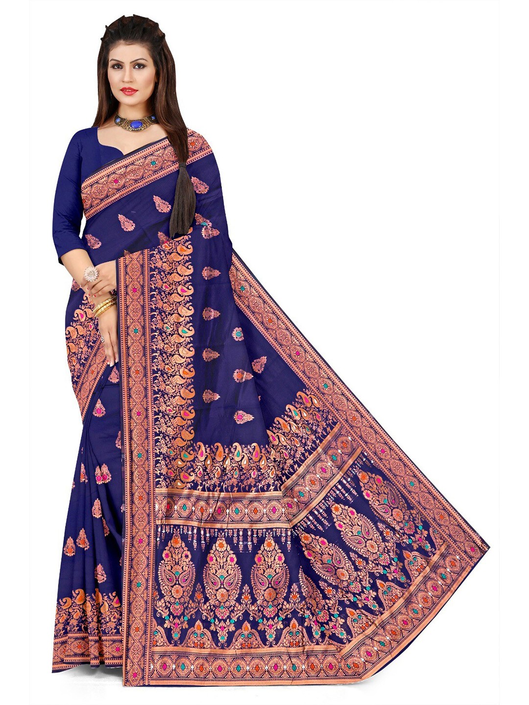 

APNISHA Ethnic Motifs Woven Design Zari Pure Silk Saree, Navy blue