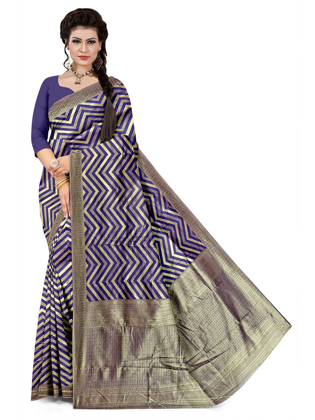 

APNISHA Geometric Motifs Woven Design Zari Pure Silk Saree, Blue
