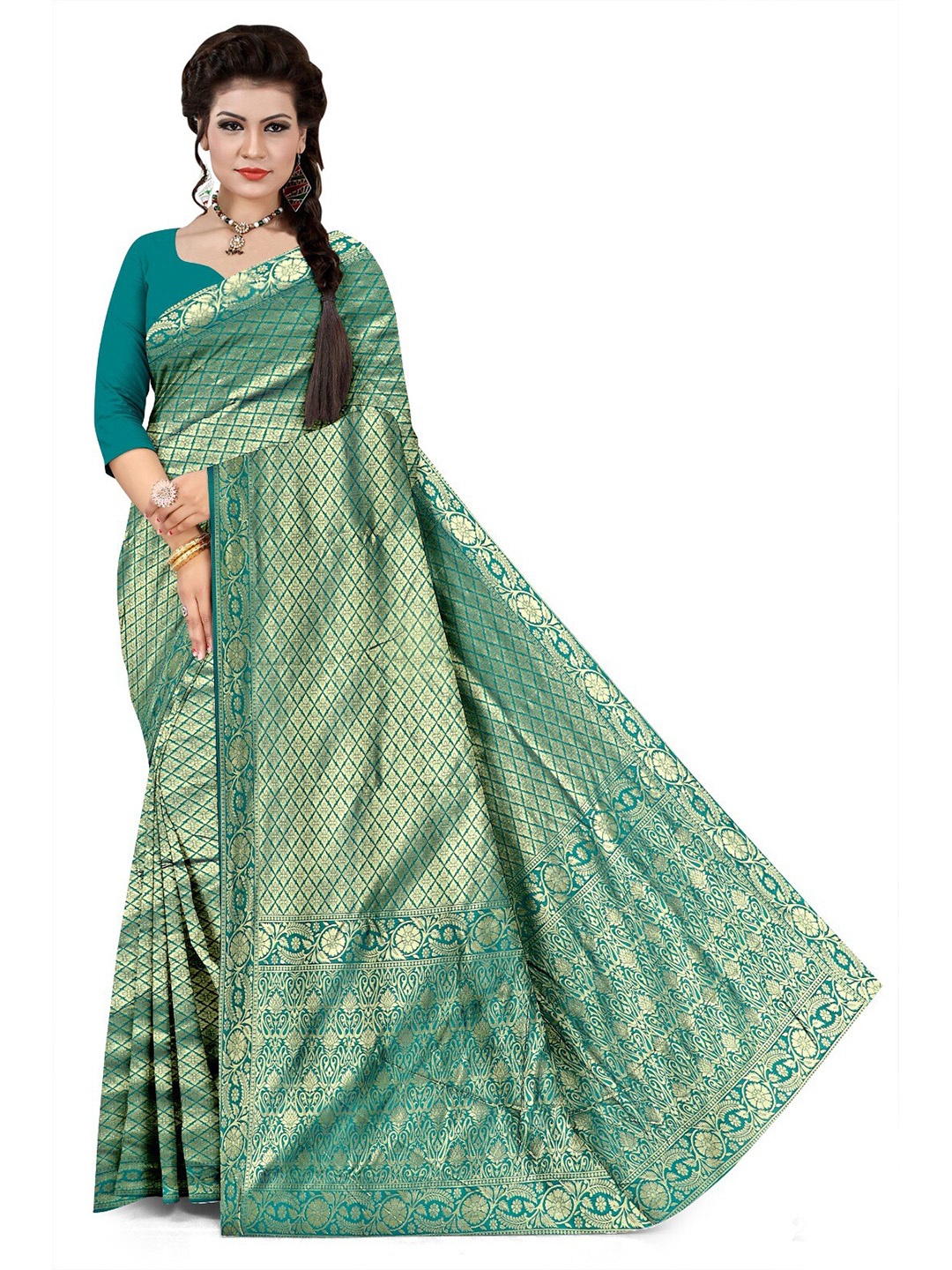 

APNISHA Ethnic Motifs Woven Design Zari Pure Silk Saree, Green