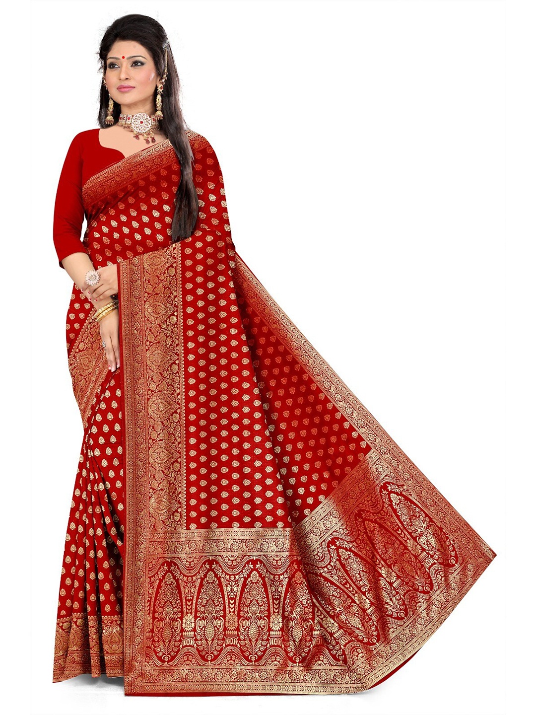 

APNISHA Ethnic Motifs Woven Design Zari Pure Silk Saree, Red