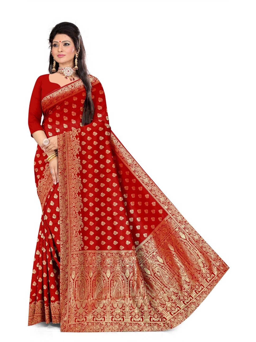 

APNISHA Ethnic Motifs Woven Design Zari Pure Silk Saree, Red