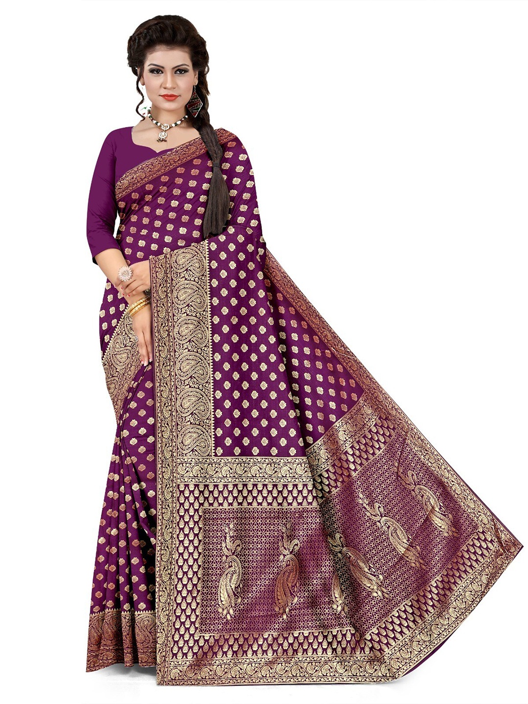 

APNISHA Ethnic Motifs Woven Design Zari Pure Silk Saree, Purple