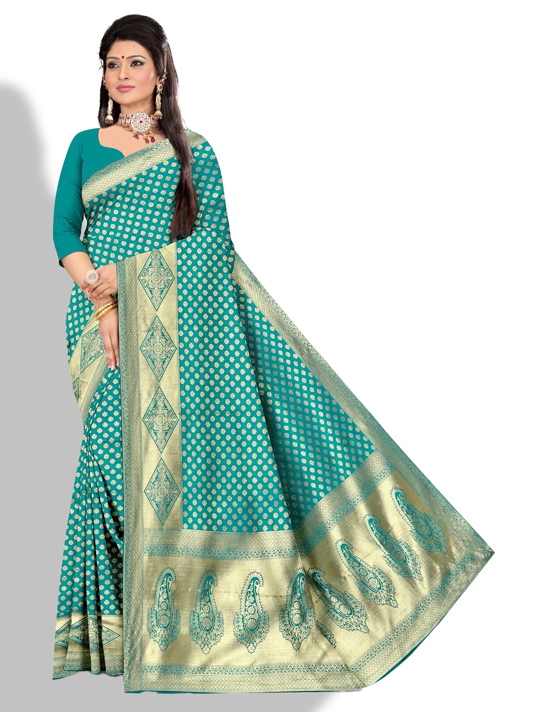 

APNISHA Ethnic Motifs Woven Design Zari Pure Silk Saree, Green