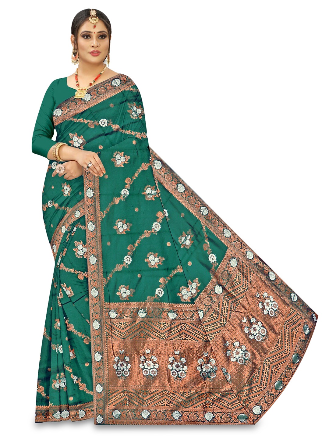 

APNISHA Ethnic Motifs Woven Design Zari Pure Silk Saree, Green