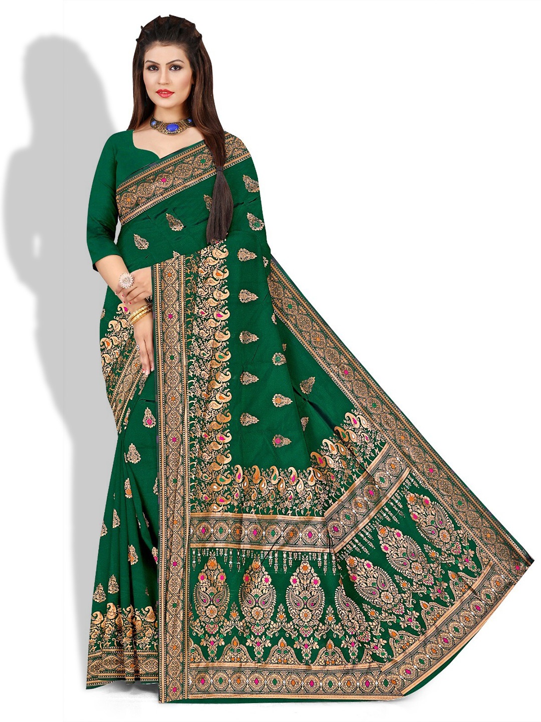 

APNISHA Ethnic Motif Woven Design Zari Pure Silk Saree, Green