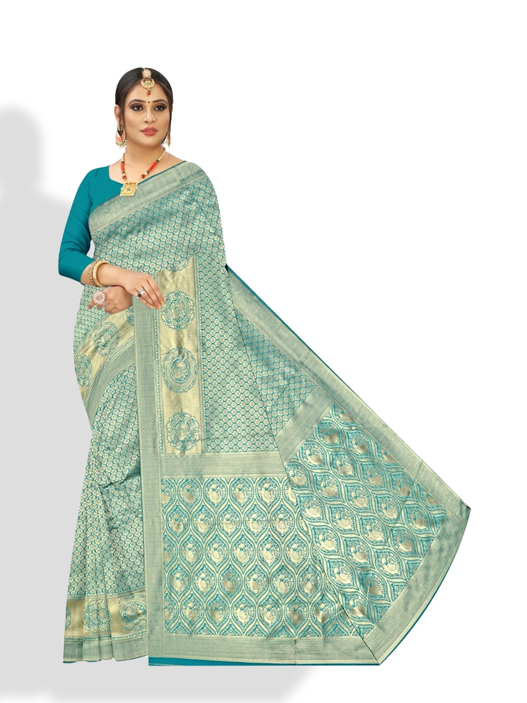 

APNISHA Ethnic Motifs Woven Design Zari Pure Silk Saree, Green