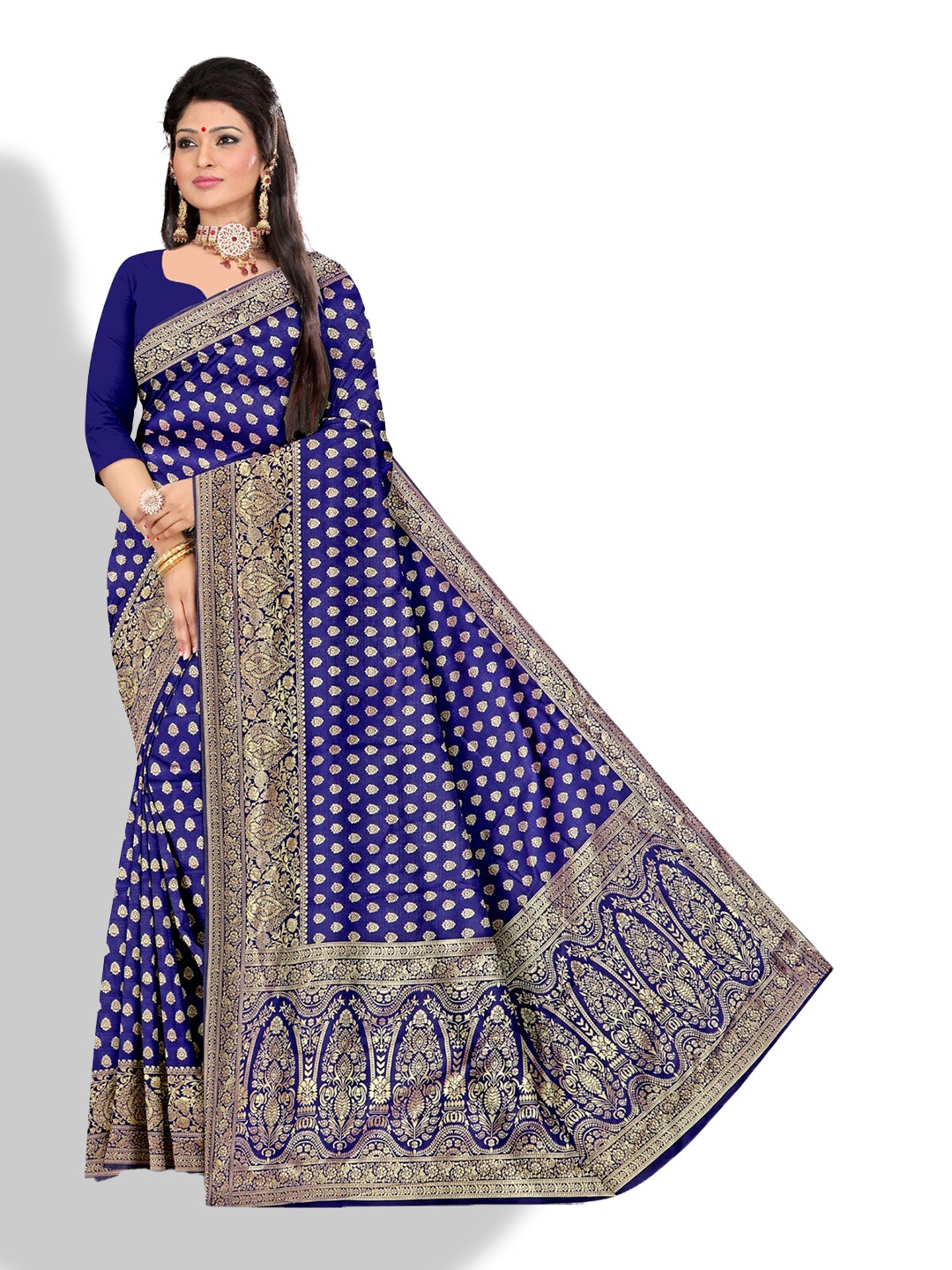 

APNISHA Ethnic Motifs Woven Design Zari Pure Silk Saree, Navy blue