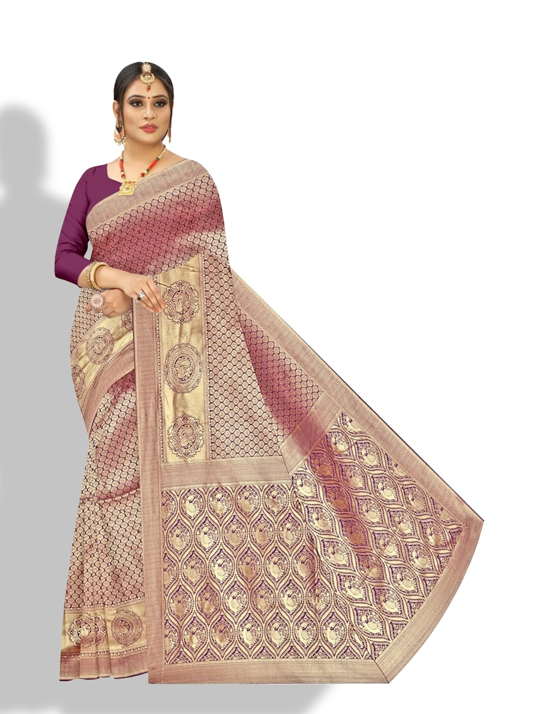 

APNISHA Ethnic Motifs Woven Design Zari Pure Silk Saree, Purple