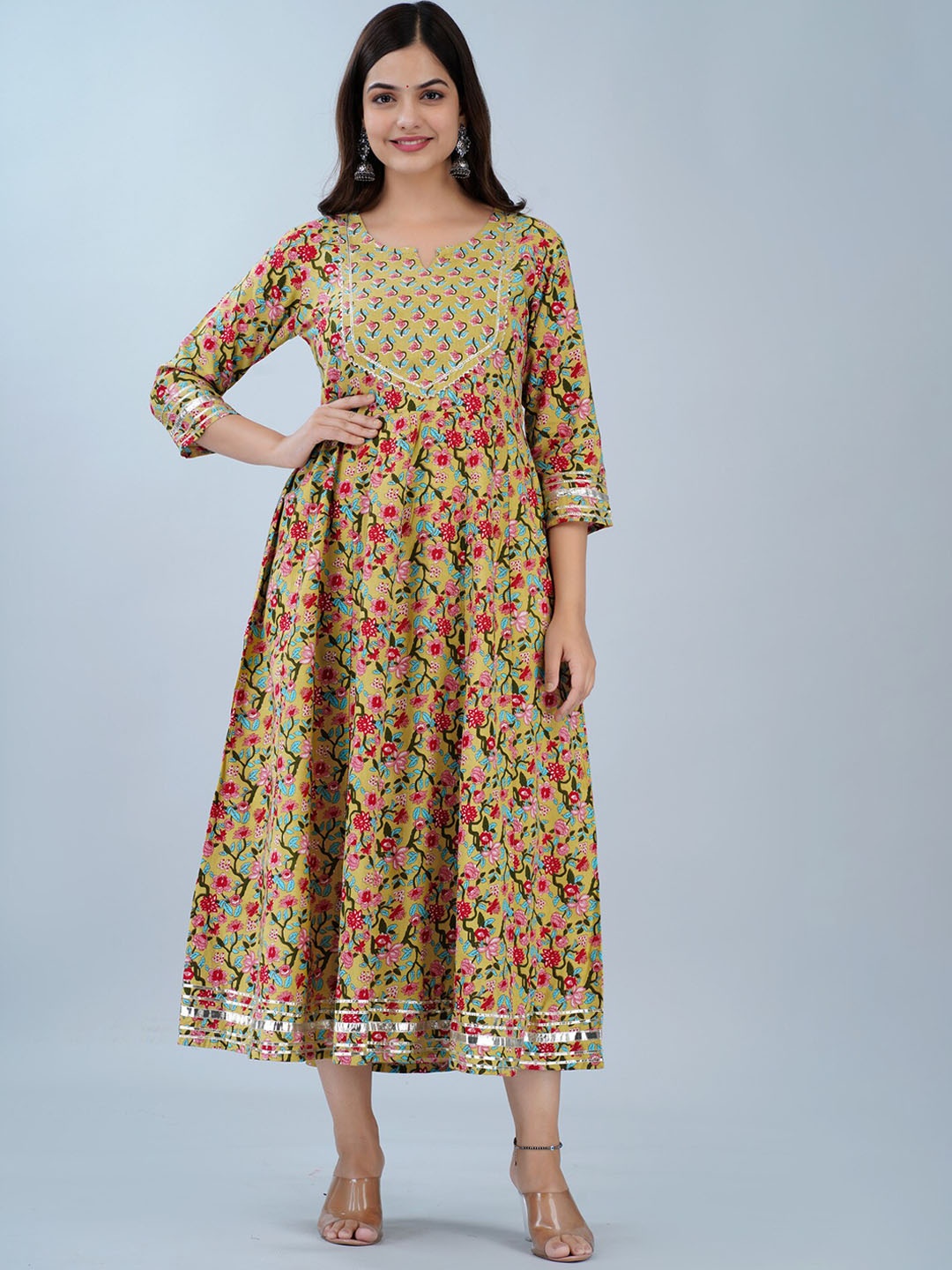 SAABHI Floral Printed Fit & Flare Ethnic Dress, Green