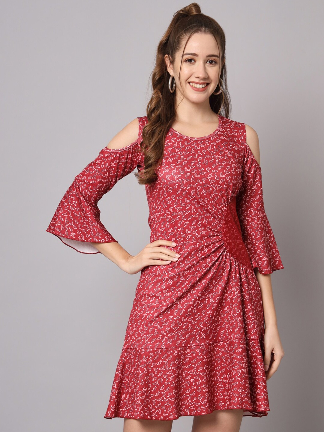 

KALINI Floral Printed Cold-Shoulder Sleeves A-Line Dress, Red