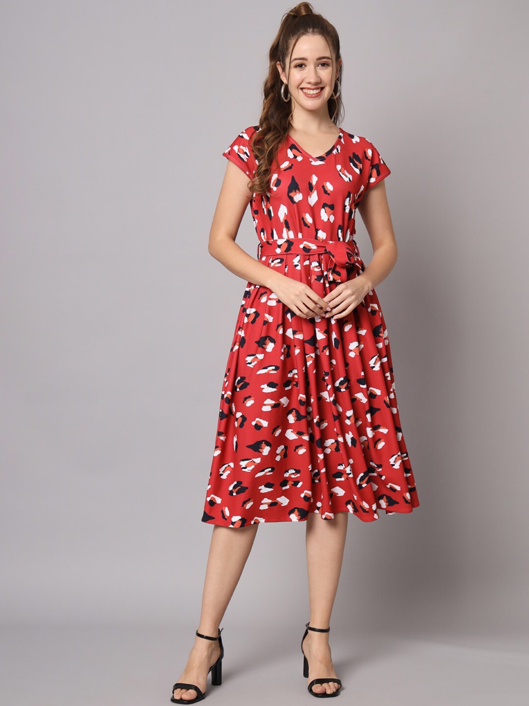 

KALINI Abstract Printed Extended Sleeves Fit & Flare Dress, Red