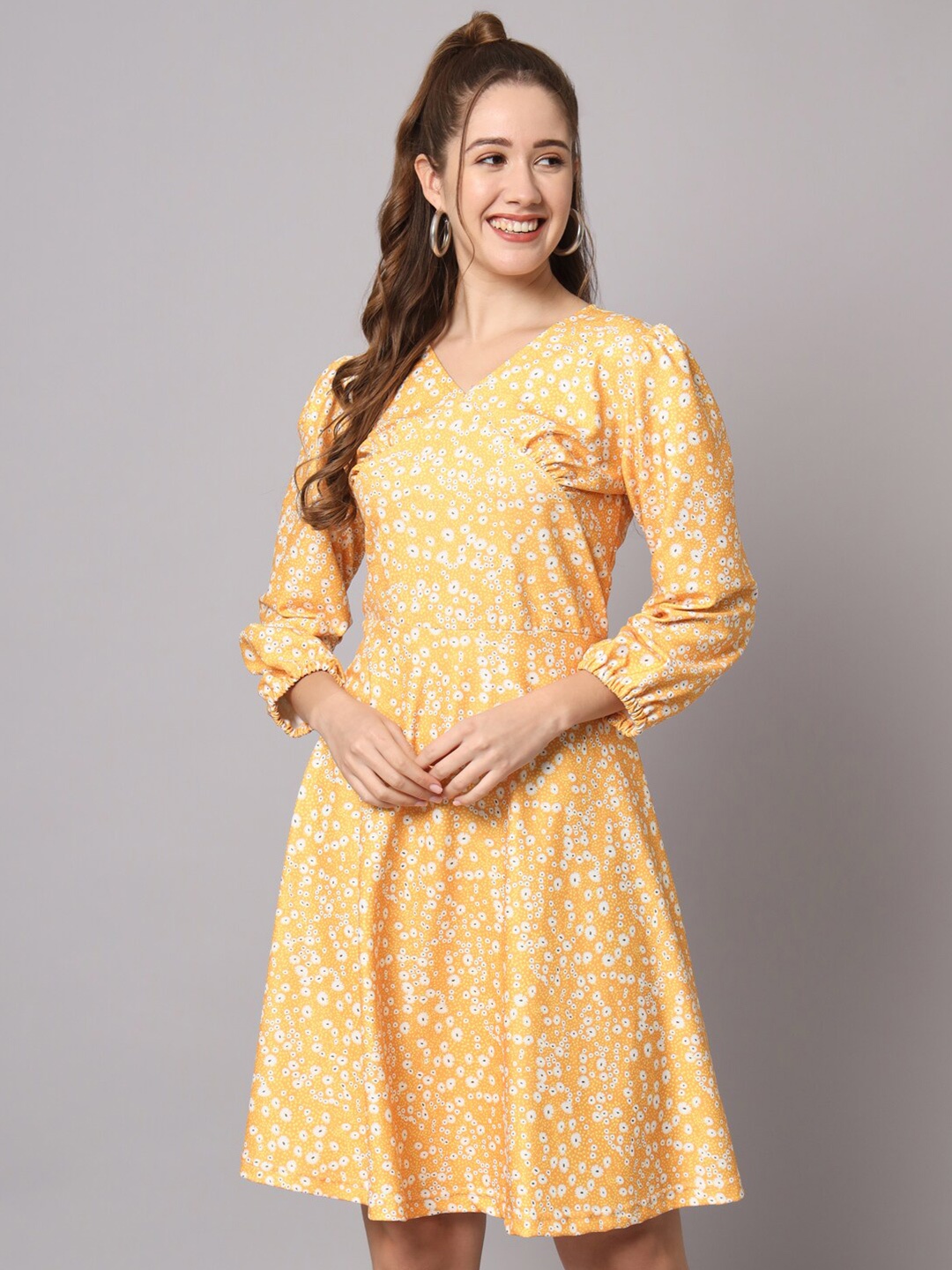 

KALINI Floral Printed Puff Sleeves A-Line Dress, Yellow