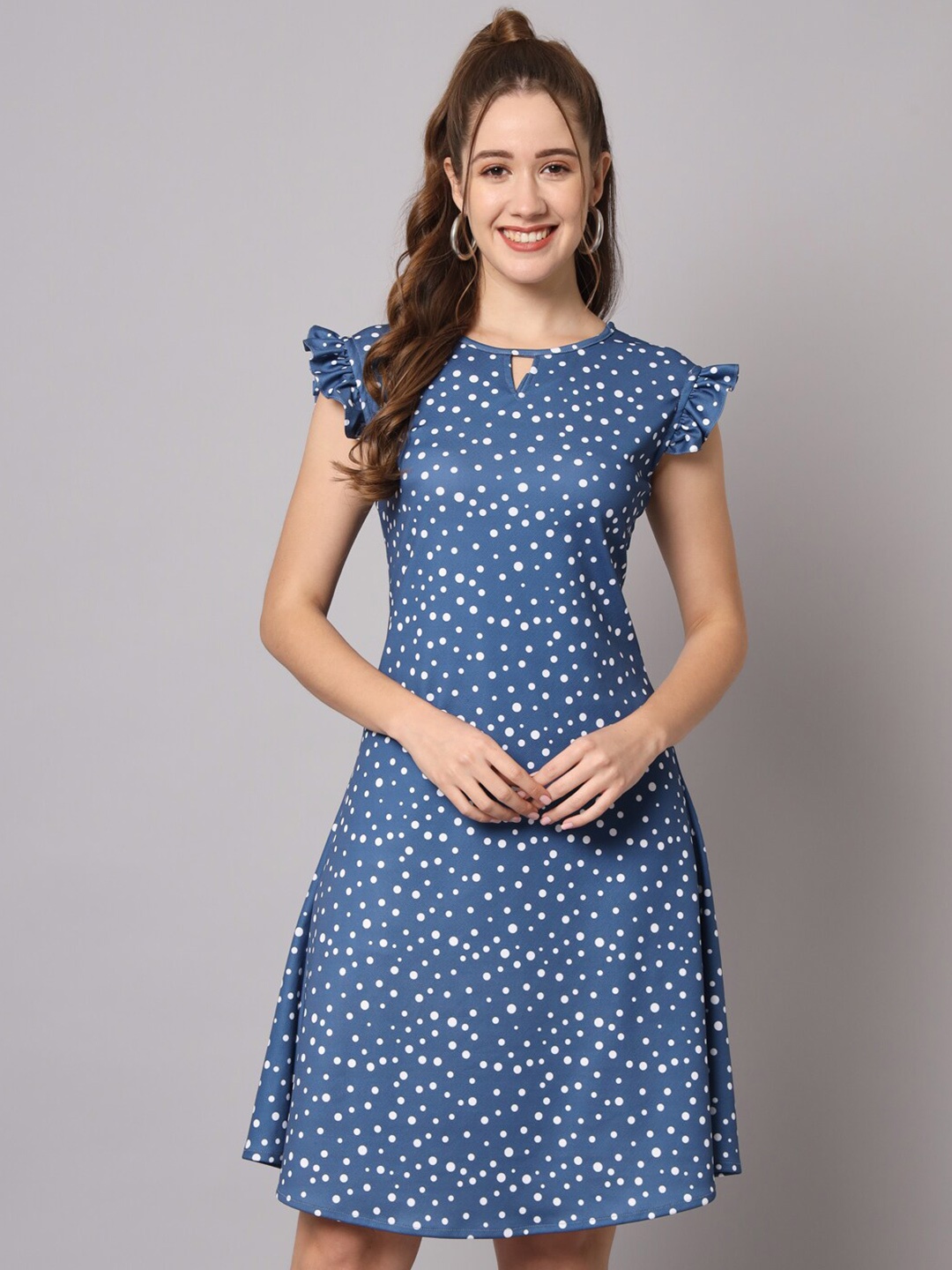 

KALINI Polka Dot Printed Keyhole Neck Flutter Sleeves A-Line Dress, Blue