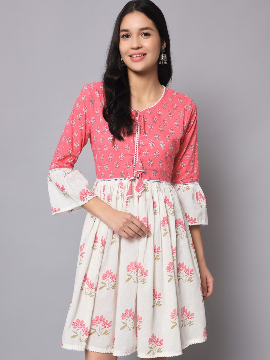 

KALINI Floral Printed Bell Sleeves Tie-Ups Detailed Cotton Fit & Flare Dress, Pink