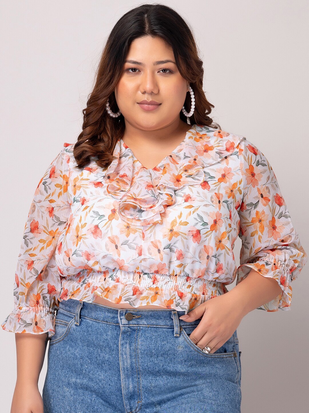 

FabAlley Curve Plus Size Floral Print Blouson Top, White