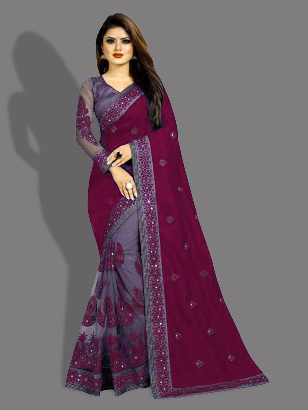 

APNISHA Ethnic Motifs Embroidered Half and Half Saree, Purple