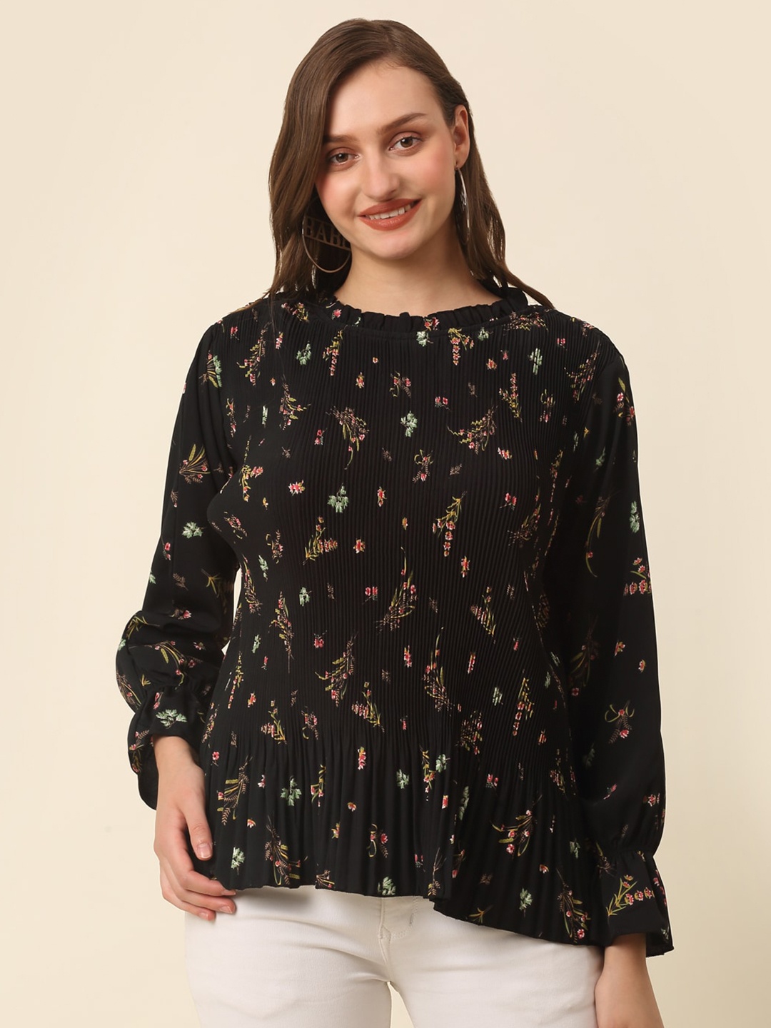 

plusS Floral Printed Bell Sleeve Top, Black