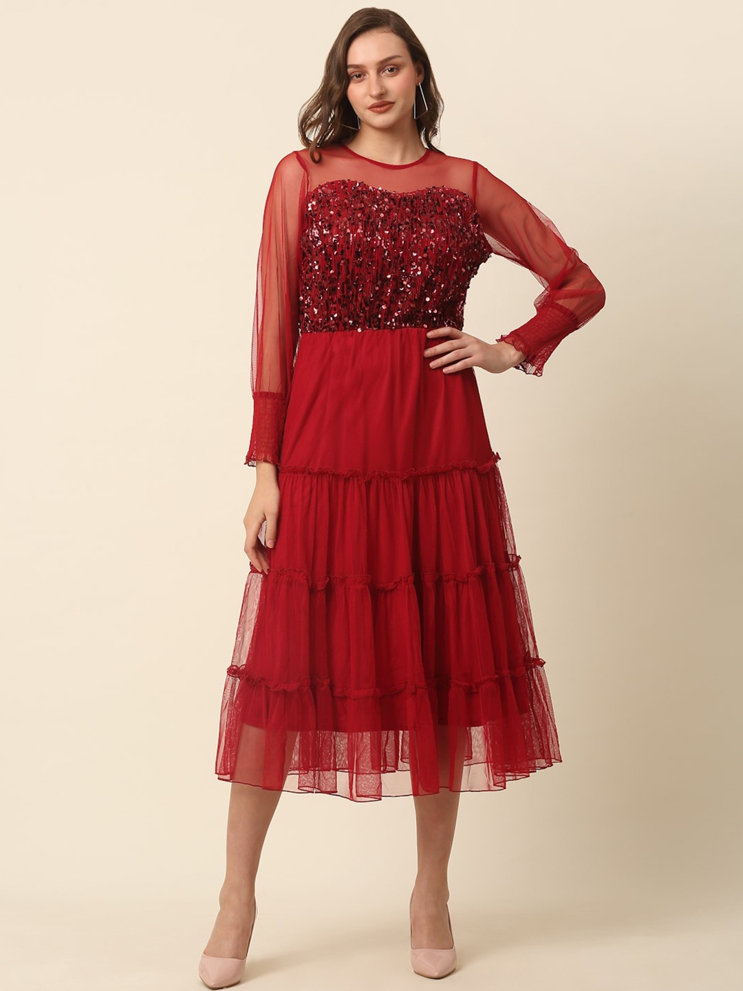 

plusS Red Tiered Sequinned Fit & Flare Midi Dress