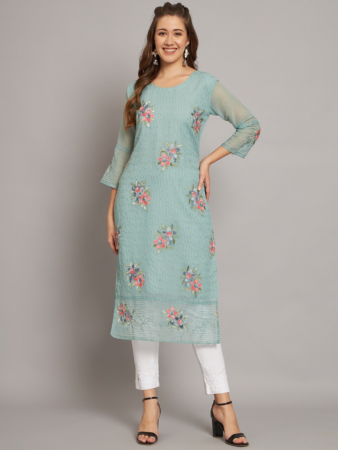 

VAIRAGEE Floral Embroidered Georgette Kurta, Turquoise blue