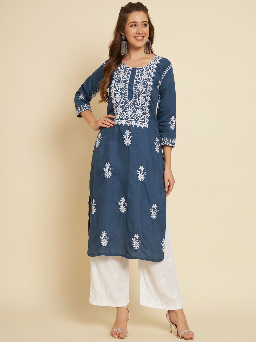 

VAIRAGEE Ethnic Motifs Embroidered Straight Cotton Kurta, Teal