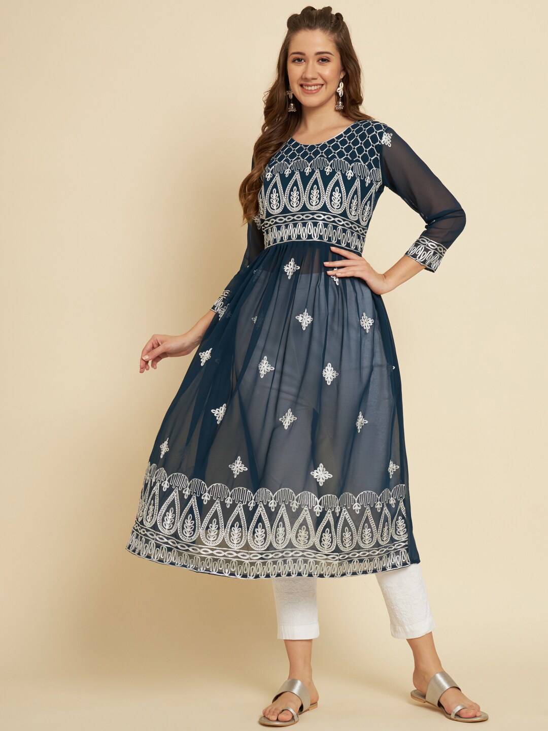 

VAIRAGEE Ethnic Motifs Embroidered A-Line Kurta, Teal