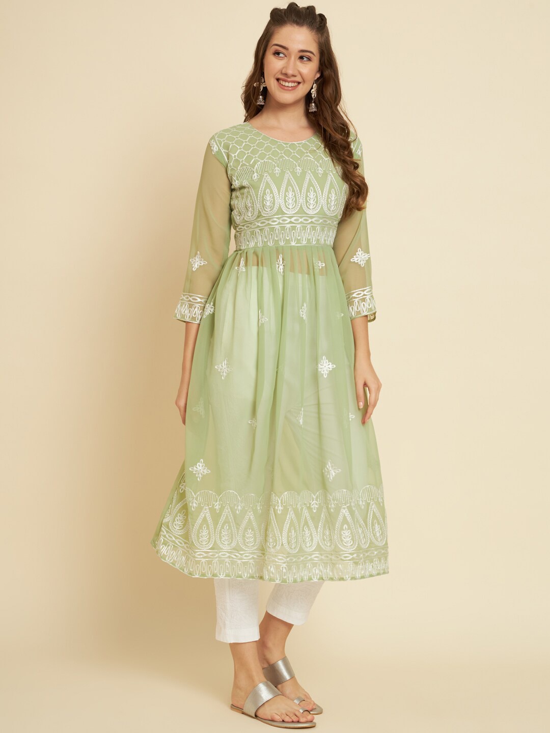 

VAIRAGEE Ethnic Embroidered Georgette Anarkali Kurta, Olive
