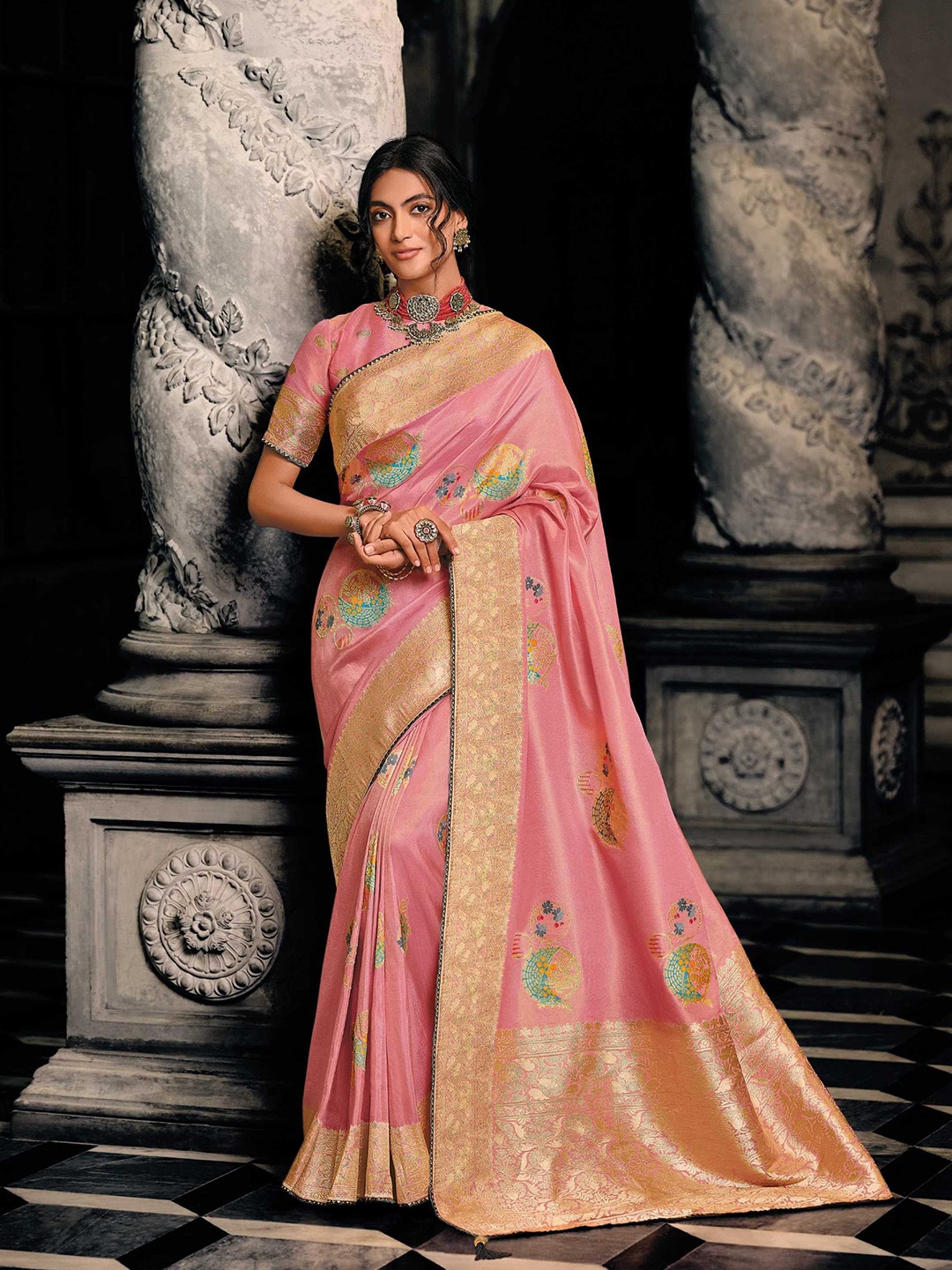 

Mitera Pink & Gold-Toned Woven Design Zari Tissue Banarasi Saree