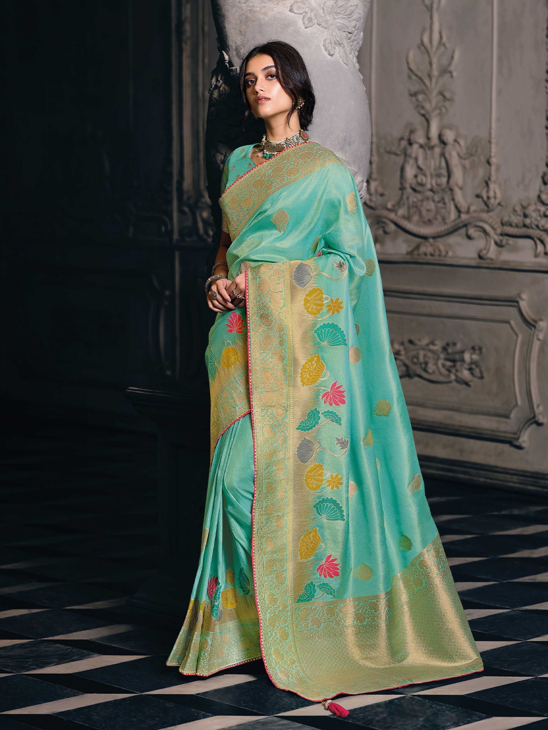 

Mitera Teal & Gold-Toned Woven Design Zari Tissue Banarasi Saree